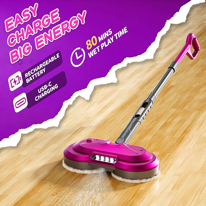 Kids Electric Spin Mop Toy, Rechargeable Cordless Electric Mop W/Water Sprayer & LED Headlight for Children Ages 3 4 5 6+ Boys & Girls, Cleaning Toy for Pretend Play (Rose Red)