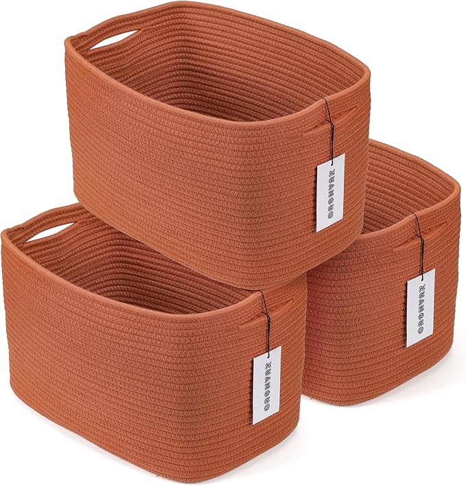 Cotton Rope storage Basket Bins Woven Basket for Organizing Shelves 14.5X9.5X9.3" Rectangle Decorative Baskets For storage Clothes Toys Books Towels Nursery basket organizer 3 pack Rust