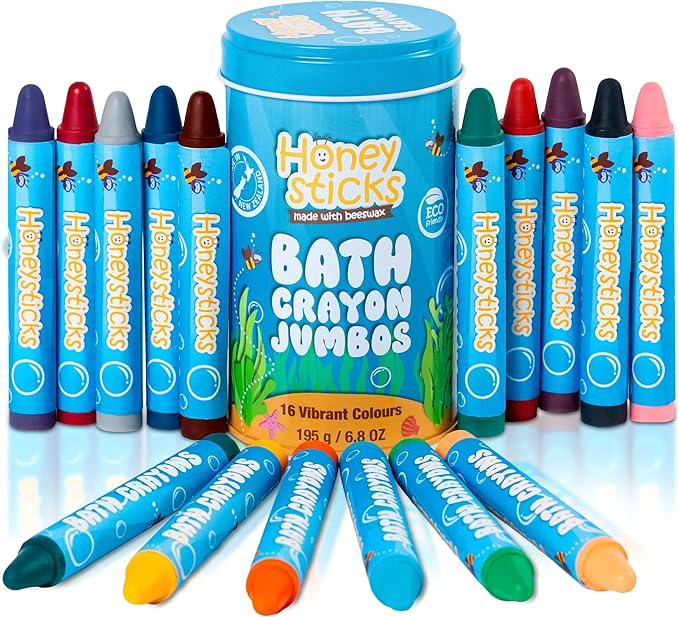 Honeysticks Jumbo Bath Crayons Non Toxic (16 Pack) for Toddlers 1-3 and Kids 4-8, Natural Beeswax Crayons, Food-Grade Colors, Fragrance Free, Non Irritating, Bath Toys for Bathtub, Shower, Gift