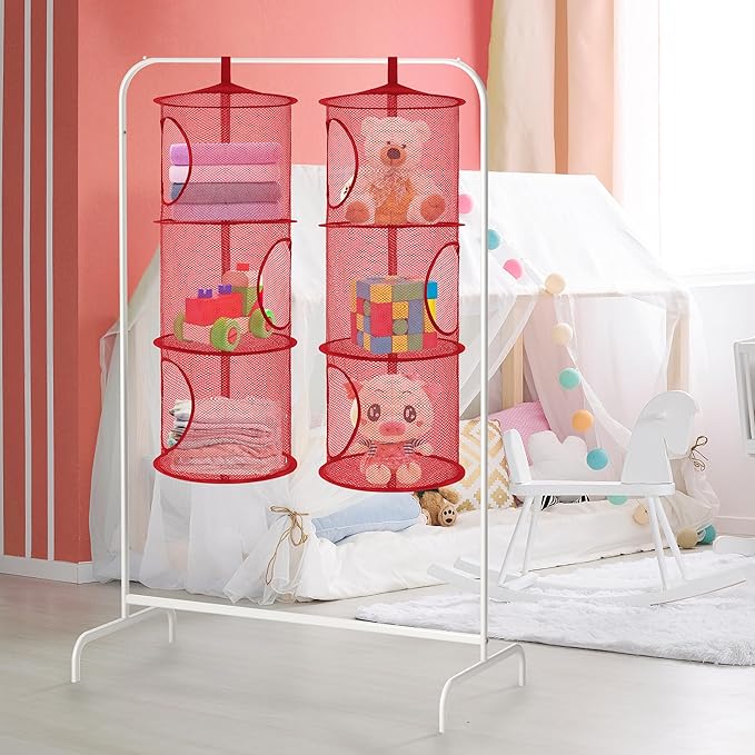 Libeder Stuffed Animal Storage Mesh Hanging Storage Space Saver Bags Organizer,Foldable Storage Organizer 3 Compartments Toy Net Storage Basket for Kids Room Bathroom 2 Sets Red