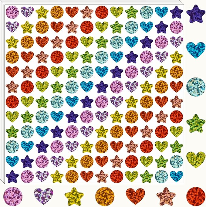 Holographic Star and Heart Stickers for Kids, 2160 Pieces, Rainbow Colors, Kids Reward and Decoration for School Classroom Student Teacher Supplies and Gift Envelope DIY