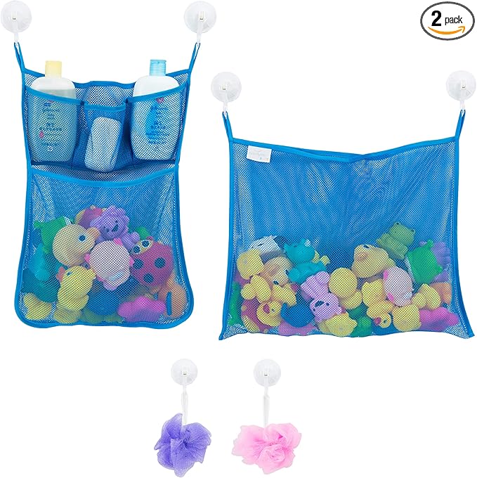 2 x Mesh Bath Toy Organizer + 6 Ultra Strong Hooks – The Perfect Bathtub Toy Holder & Bathroom or Shower Caddy – These Multi-use Net Bags Make Baby Bath Toy Storage Easy – For Kids & Toddlers