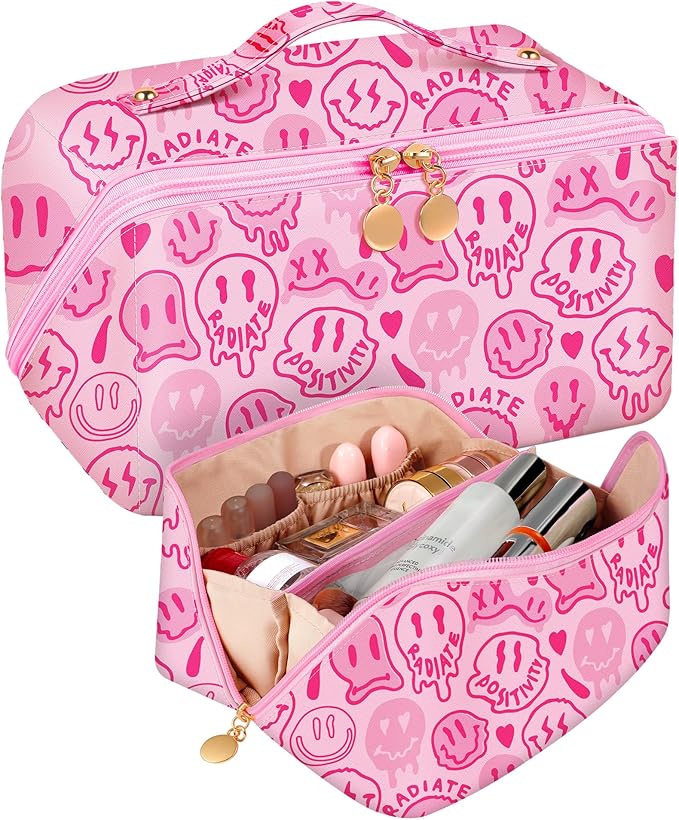 Bistup Makeup Bag Travel Cosmetic Bag Toiletry Make Up Bags Cute Women Large Capacity Big Medium Leather Portable Teen Girls Teenage Kawaii Foldable Expandable Y2K Compact Open Flat Zip