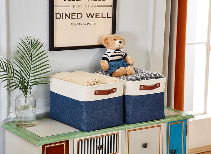 DECOMOMO Storage Baskets for Shelves - Fabric Storage Bins, Linen Closet Organizers and Storage (Navy Blue & White, XL - 3 Pack)