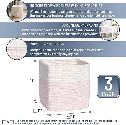 NaturalCozy Storage Cubes 11 Inch Cotton Rope Woven Baskets for Organizing, 3-Pack | Cube Storage Bin | Square Storage Baskets for Shelves Organizer, Classroom, Kids Toy Bins, Closet, Baby Nursery