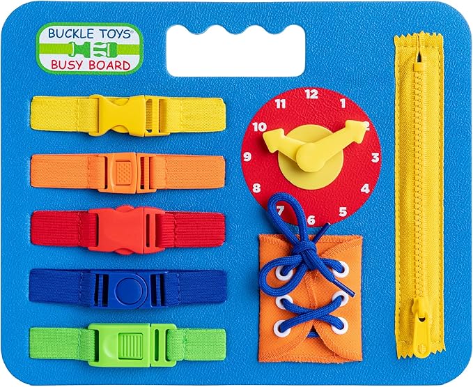 Buckle Toys Busy Board - Montessori Learning Toy for Toddlers Kids Road Trip Activities - Foam Sensory Board - Develop Fine Motor Skills - Blue