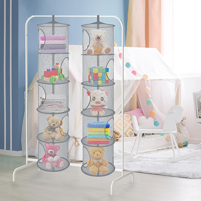 Libeder Mesh Hanging Storage Space Saver Bags Organizer,Foldable Storage Organizer 5 Compartments Toy Storage Basket for Kids Room Bathroom 2 Sets Grey