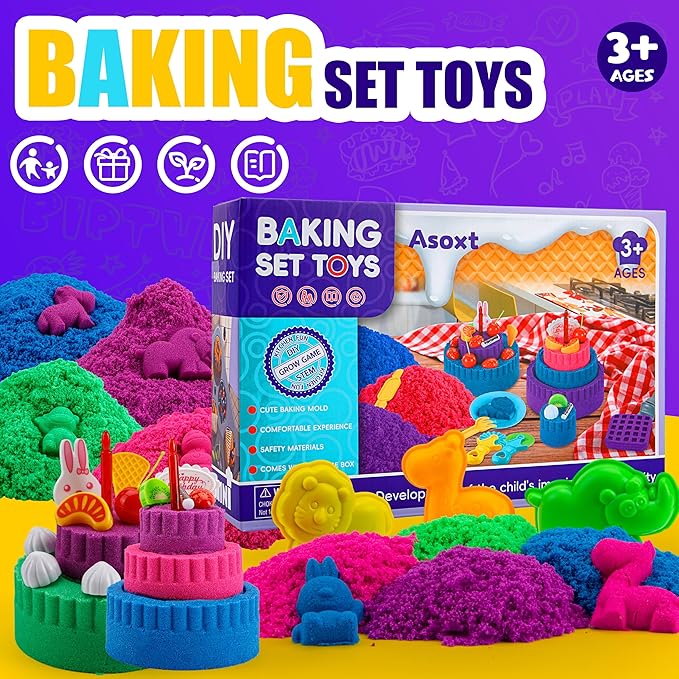 Asoxt Sensory Bin for Boy Girl Kid Toy - 43pcs Play Sand Art Kit with Sandbox, 4lb Color Sand, 17 Molds, Sensory Toy Birthday Gift for Girl Toddler Ages 3-8