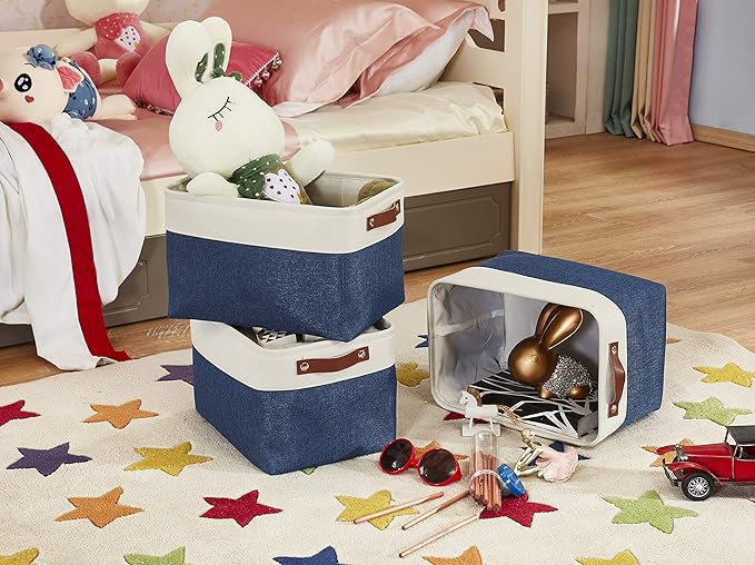 DECOMOMO Storage Baskets for Shelves - Fabric Storage Bins, Linen Closet Organizers and Storage (Navy Blue & White, XL - 3 Pack)