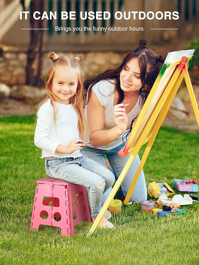 Dyforce Non-Slip Folding Step Stool - 13 inch Height Heavy Duty Foldable Stool for Adults Kids, Plastic Step Stool Camping Stepping Stool - Pink