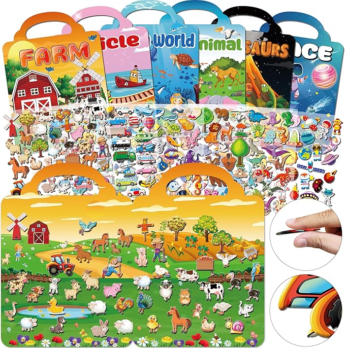 6Set Puffy Sticker Books for Kids 2-4, 3D Reusable Stickers Books for Toddlers 1-3 2-4,Farm+Animal+Dinosaurs+Ocean World+Space+Vehicle