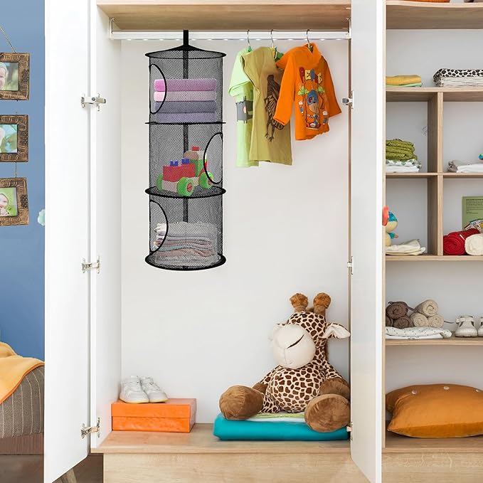 Libeder Mesh Hanging Storage Space Saver Bags Organizer,Foldable Storage Organizer 3 Compartments Toy Storage Basket for Kids Room Bathroom 2 Sets, Black