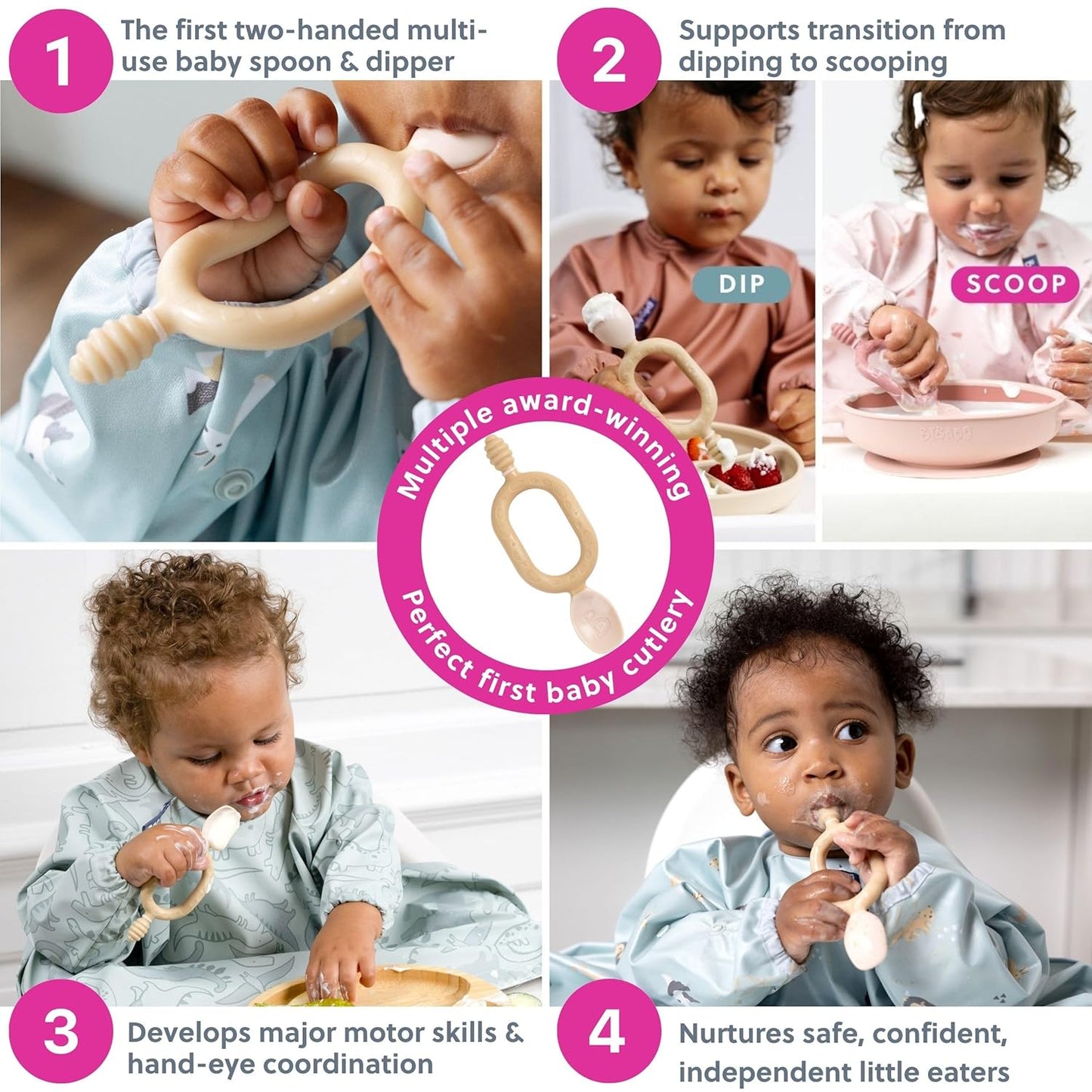 Bibado - Dippit Baby Spoon and Dipper, Fawn (2-Pack) - Soft, Chewable Dipper & Deep Spoon - Two-Hand, Sensory Grip - Toddler Utensils - Baby Led Weaning Supplies - Baby Essentials - 6 Months+