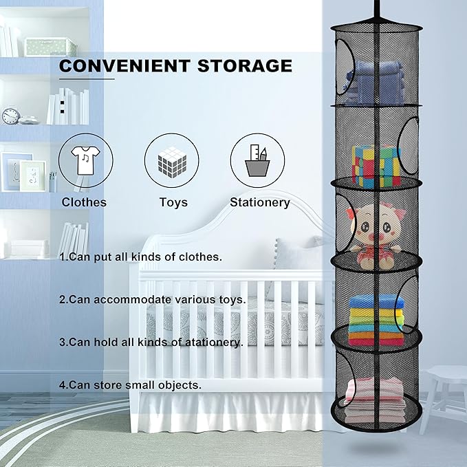 Libeder Mesh Hanging Storage Space Saver Bags Organizer,Foldable Storage Organizer 5 Compartments Toy Storage Basket for Kids Room Bathroom 2 Sets, Black
