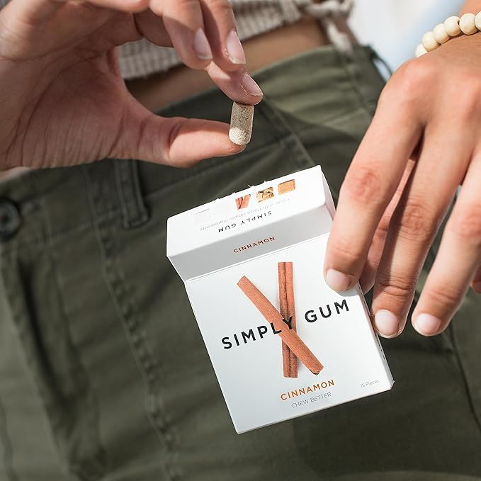 SIMPLY Gum Cinnamon, Plastic-Free Natural Chewing Gum, 12 Pack (180 Pieces) | Vegan, Kosher, Non GMO, Aspartame Free and Sorbitol Free