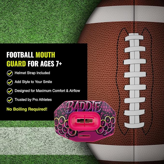DAMAGE CONTROL Youth Football Mouth Guard – Breathable No Boil Mouthpiece, Protects Lips & Teeth, Works with Braces, Includes Helmet Strap – Sports Gear & Accessories (Baddie)