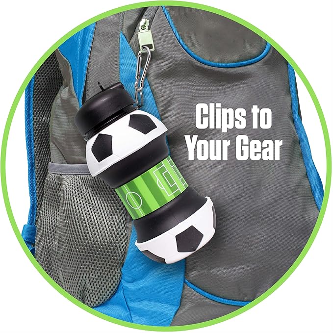 Maccabi Art Clip-On Collapsible BPA-Free Silicone Soccer Ball Water Bottle for Kids, 18 Oz. Size