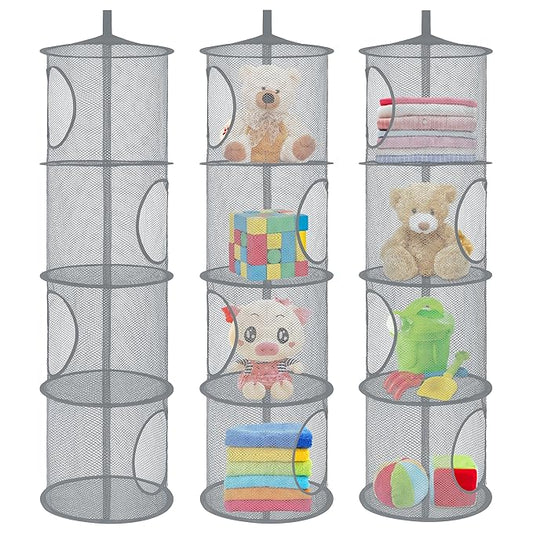 Libeder Mesh Hanging Storage Space Saver Bags Organizer,Foldable Storage Organizer 4 Compartments Toy Storage Basket for Kids Room Bathroom 3 Sets Grey