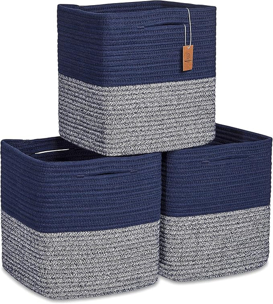 NaturalCozy Storage Cubes 11 Inch Cotton Rope Woven Baskets for Organizing, 3-Pack | Cube Storage Bin | Square Storage Baskets for Shelves Organizer, Classroom, Kids Toy Bins, Closet, Baby Nursery