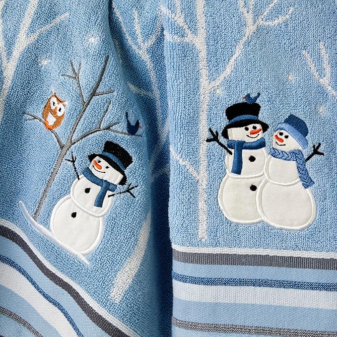 SKL Home Christmas Winter Friends Snowman 100% Cotton Premium Bath Towel, 450 GSM, Soft & Absorbent Jacquard, Decorative for Bath & Gift, Blue