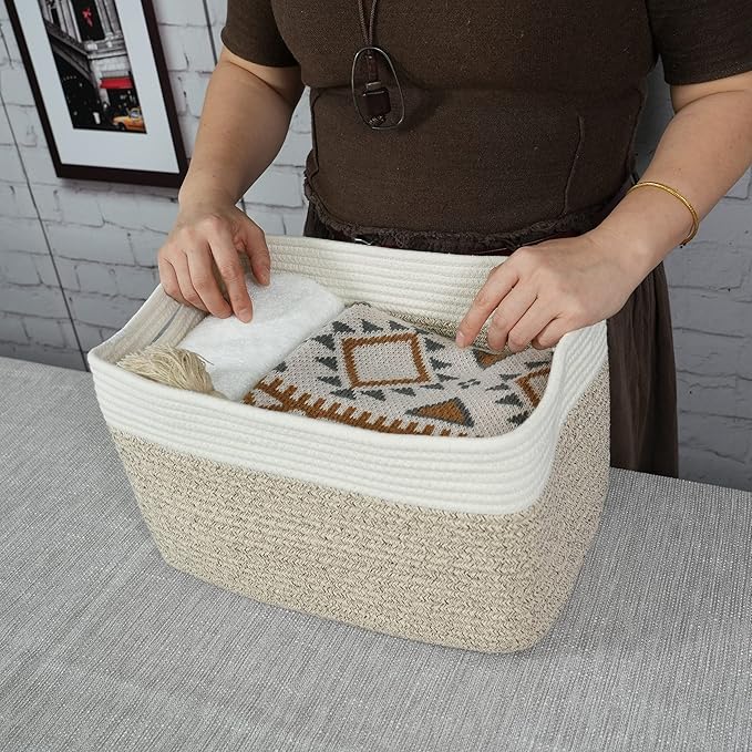 Cotton Rope storage Basket Bins Woven Basket for Organizing Shelves 14.5X9.5X9.3" Rectangle Decorative Baskets For storage Clothes Toys Books Towels Nursery basket organizer 3 pack white and brown