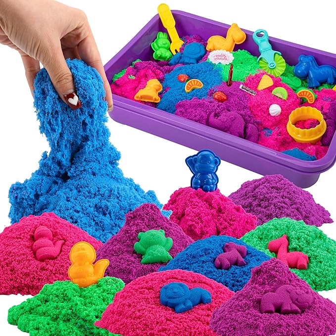 Asoxt Sensory Bin for Boy Girl Kid Toy - 43pcs Play Sand Art Kit with Sandbox, 4lb Color Sand, 17 Molds, Sensory Toy Birthday Gift for Girl Toddler Ages 3-8
