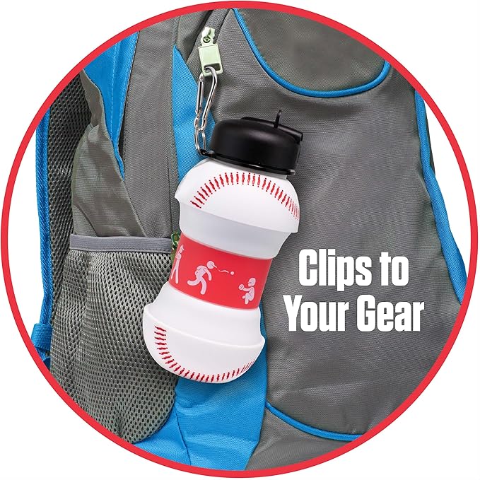 Maccabi Art Clip-On Collapsible BPA-Free Silicone Baseball Water Bottle for Kids, 18 Oz. Size