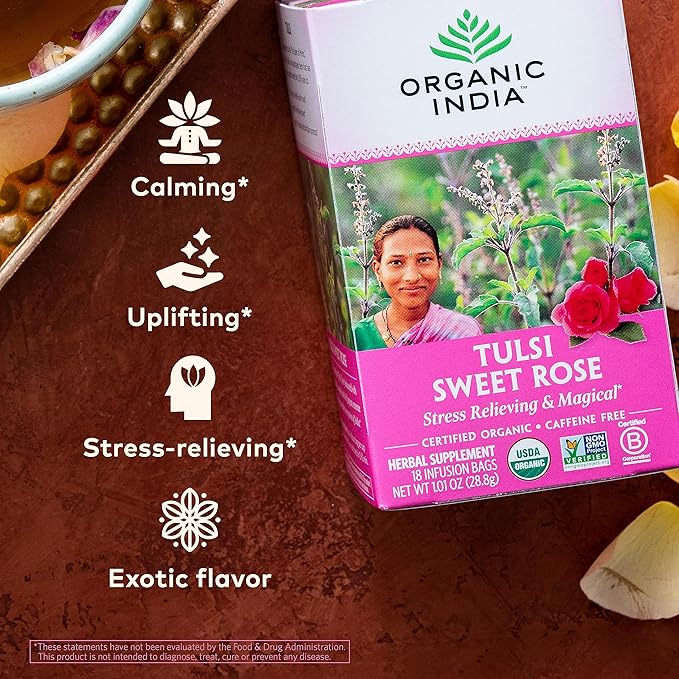 Organic India Tulsi Sweet Rose Herbal Tea - Holy Basil Leaf, African Basil, Chamomilie, Lemon Myrtle, Stress Relieving, Immune Support, USDA Certified Organic, Caffeine-Free - 18 Infusion Bags, 6 Pack