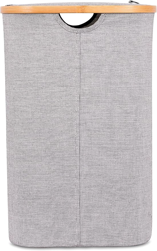 BirdRock Home Bamboo & Canvas Hamper | Single Laundry Basket with Lid | Foldable Hamper | Cut Out Handles
