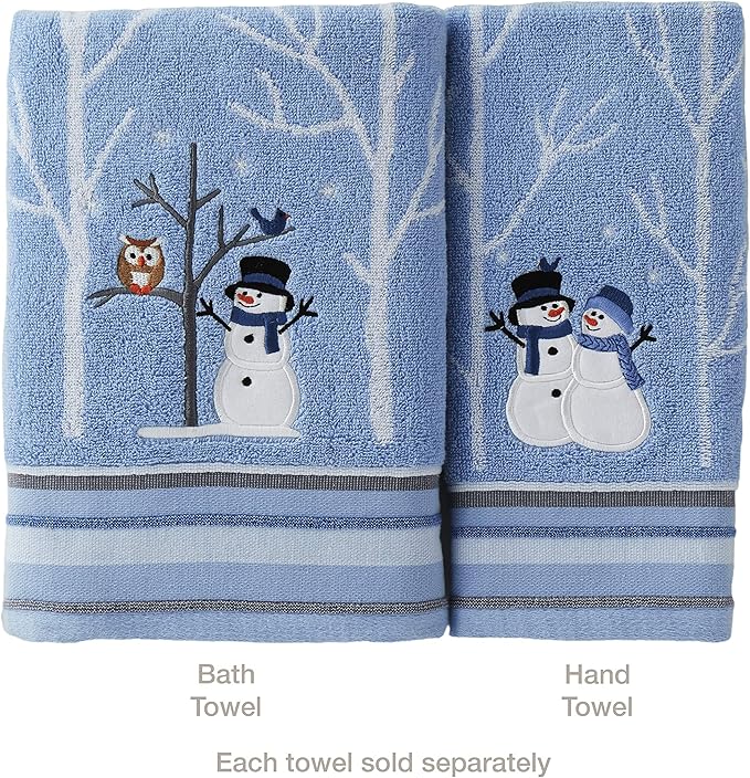 SKL Home Christmas Winter Friends Snowman 100% Cotton Premium Bath Towel, 450 GSM, Soft & Absorbent Jacquard, Decorative for Bath & Gift, Blue