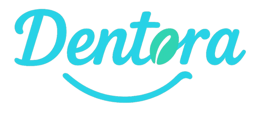 Dentora logo with cursive script font in mint blue and a smile curve design, representing trust and friendly dental care branding.