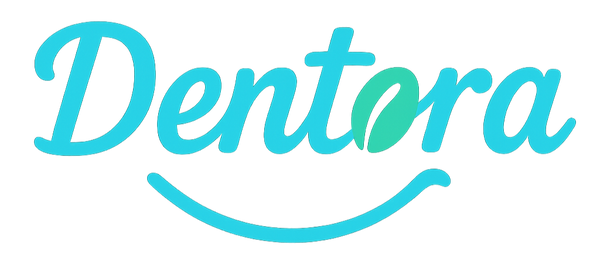 Dentora logo with cursive script font in mint blue and a smile curve design, representing trust and friendly dental care branding.