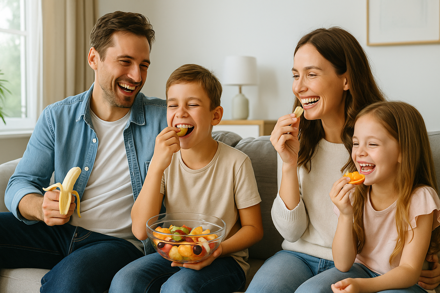 A family of four — father, mother, 10-year-old boy, and 7-year-old girl — sitting in a bright living room, eating fruit and smiling brightly with healthy teeth.