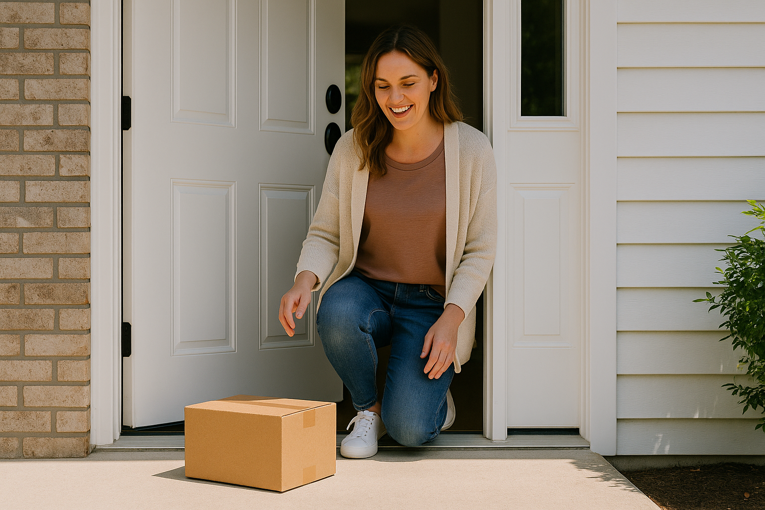 A smiling woman opens her front door to find a delivery package waiting outside, symbolizing Dentora’s fast and reliable shipping.