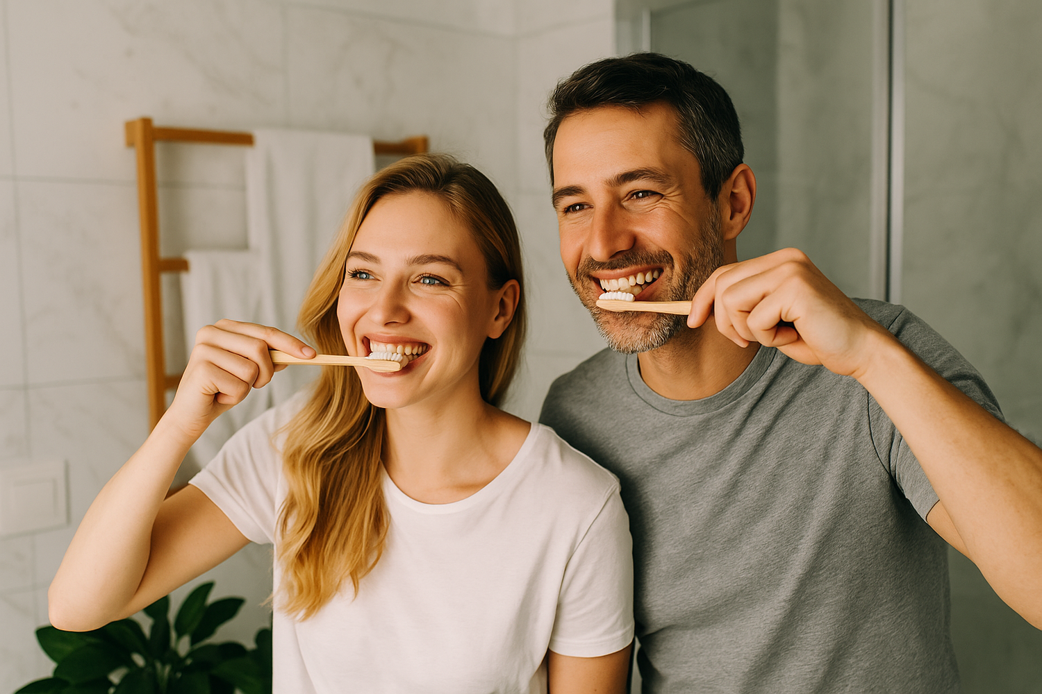 A smiling couple brushing their teeth together with bamboo toothbrushes in a modern sunlit bathroom, symbolizing healthy and sustainable oral care.
